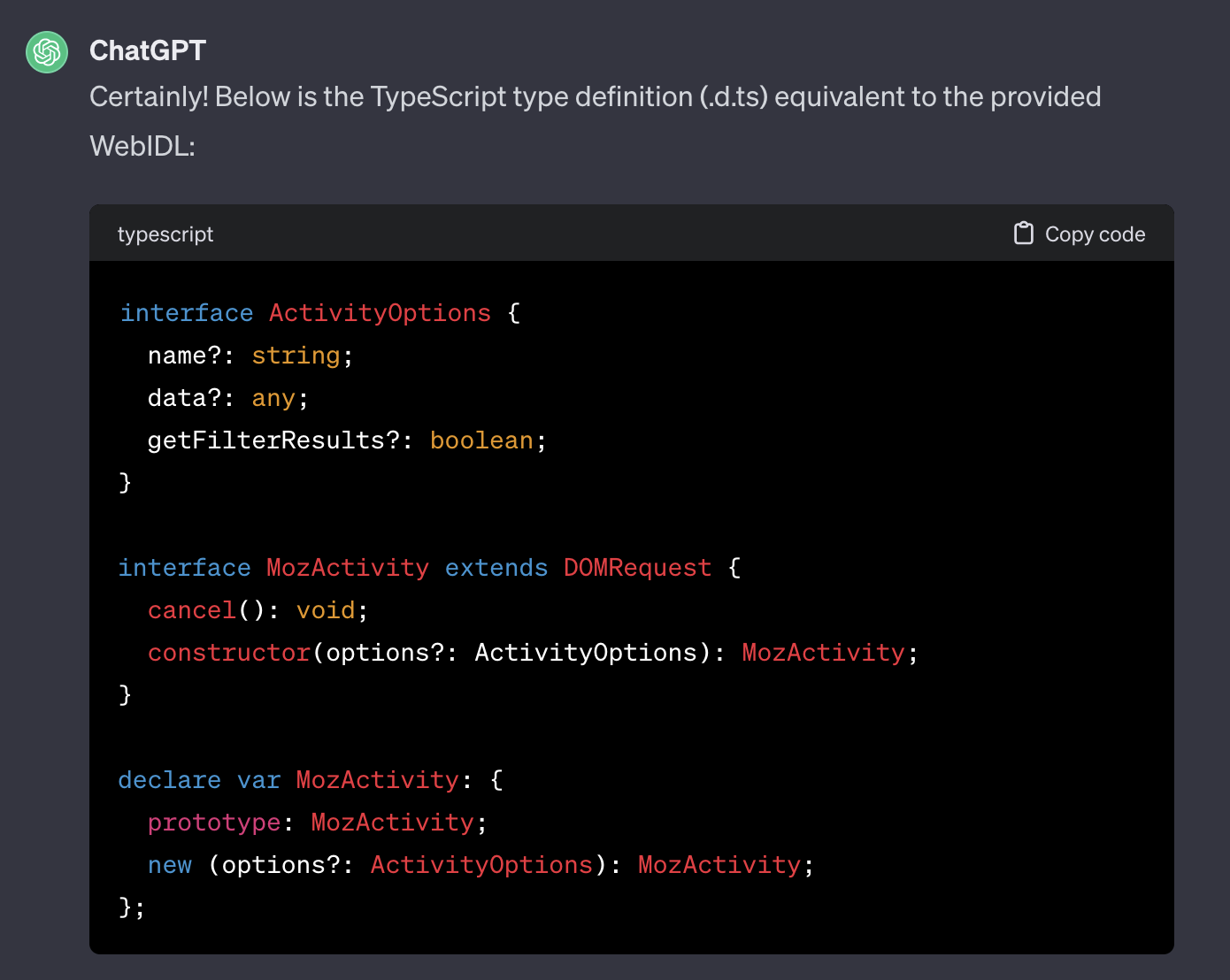 ChatGPT Converts WebIDL to Typescript