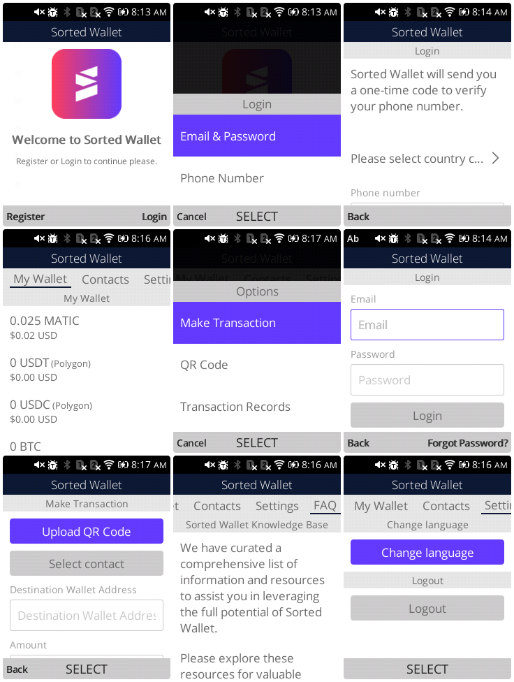 Screenshots of Sorted Wallet on KaiOS