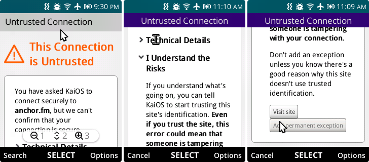 KaiOS screenshot of anchor.fm with expired LE root certificate Untrusted Connection Warning on KaiOS